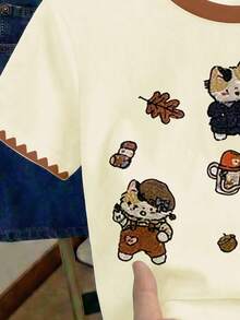 Tween Girls' Casual Cute Cartoon Cat Print Short Sleeve Round Neck T-Shirt, Suitable For Summer - Multicolor - View 3