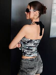 Rina Fox 女士休闲星形迷彩印花拼接露背吊带上衣，夏季 - 彩色 - 查看 4