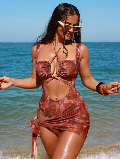 Swim SXY 2pcs/Set Tie-Dye Criss-Cross Halter Backless Cinched Waist Luxury Resort Swimsuit