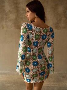 MOTF PREMIUM HANDMADE CONTRAST FLORAL CROCHET ROMANTIC FLARE SLEEVE ONE-SHOULDER SHEER FLOWY VACATION SWIMSUIT COVER UP MINI DRESS - Multicolor - View 6