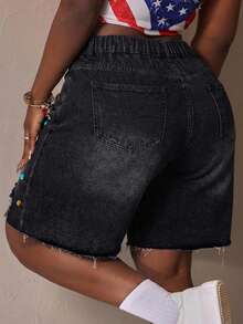 Slaydiva Shorts vaqueros de talle medio con efecto desgastado para tallas grandes - Negro - Ver 3