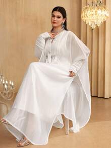 SHEIN Najma Crew Neck Tassel Tie Waist Long Sleeve Split Hem Maxi Dress, Turkish & Arabic Traditional Style - White - View 7