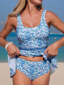 SHEIN Swim Lushore 女士夏季瓷纹印花泳衣半裙套装（2件套），时尚优雅的海滩度假装扮 - 彩色 - 查看 4