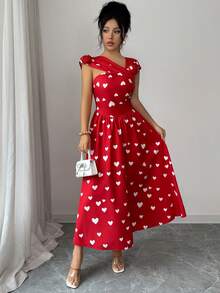 Rafferiza 女士时尚爱心印花长裙，夏季 - 紅白色 - 查看 8