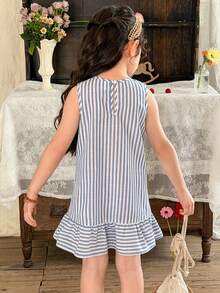 LMoss Kids 年轻女孩度假休闲时尚条纹无袖连衣裙 - 藍色 - 查看 2