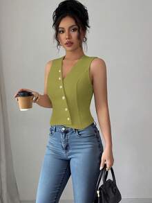 Elenzga 女士休闲日常通勤简约纯色V领纽扣门襟修身背心，夏季 - 青檸色 - 查看 5