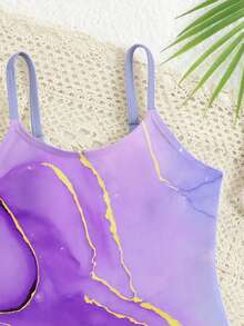 Young Girl Marble Print Spaghetti Strap One-Piece Swimsuit, Summer Purple Swimsuit Kids Swimwear For Kids Swimsuit 12 Year Old Girls Lavender Swimsuits - Multicolor - View 4