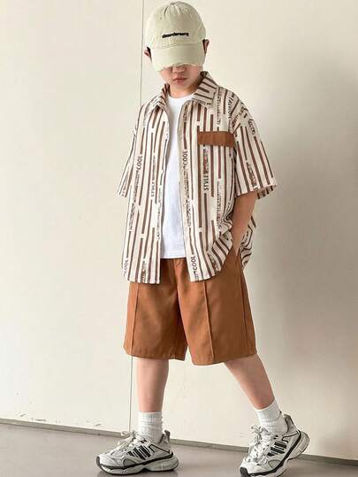 2pcs Kids/Tween Boys' Casual Everyday Comfortable Striped Print Patchwork Contrast Color Pocket Short Sleeve Open Front Loose Shirt & Solid Woven Shorts Set