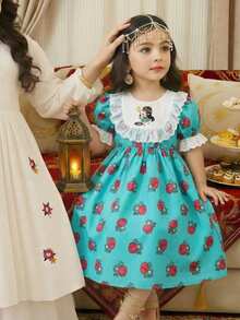 Girls' Woven Green Fabric Dress With Midriff Waist Inset And Floral Lace Trim, Cute And Elegant, Suitable For Daily Wear, Gatherings And Vacations - Green - View 4