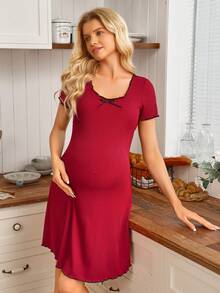 GentleRue Maternity Vestido corto ajustado con lazo para uso en el hogar para embarazadas - Rojo - Ver 7