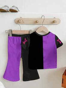 SHEIN 年轻女孩休闲时尚彩色韩流女团字母星星印花个性化圆领短袖T恤和喇叭裤套装 - 彩色 - 查看 3