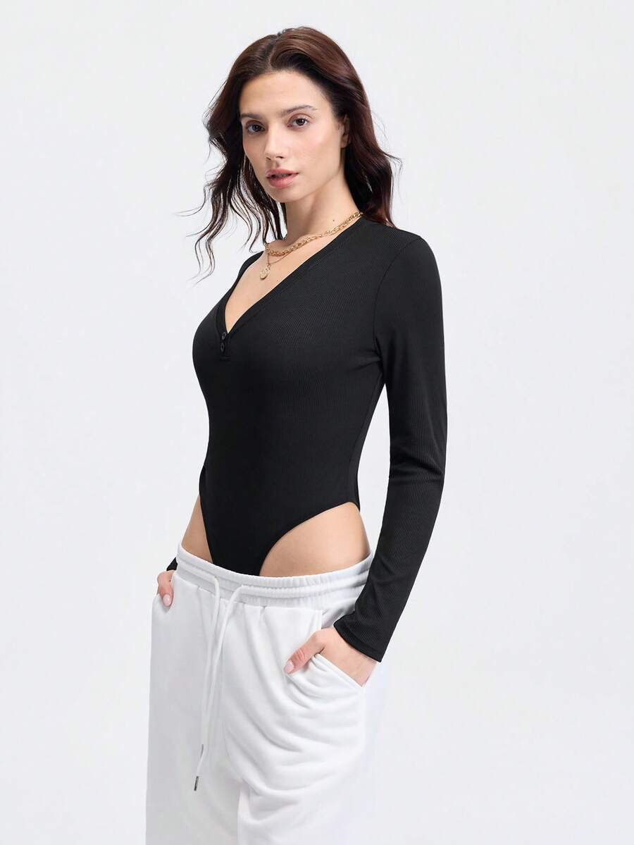 Loungeista 1pc Autumn/Winter Brushed Jumpsuit, V-Neck Button Closure Slimming Casual Yoga Activewear Outerwear Thermal Versatile Women Bodysuit - Black - View 1