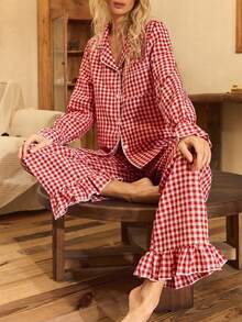 Lullawish Bohemian Style Printed Cotton Woven Lantern Sleeve Women Pajama Set - Red and White - View 1