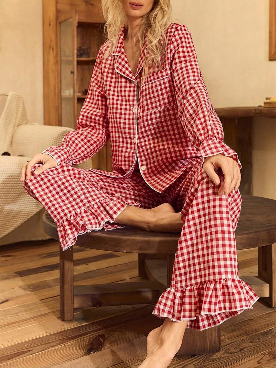 Lullawish Bohemian Style Printed Cotton Woven Lantern Sleeve Women Pajama Set - Red and White - View 1