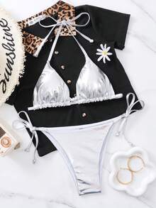 Summer Beach Metallic Bikini Set Triangle Bra & Thong Bottom 2 Piece Bathing Suit - Silver - View 9