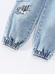 Pantalones jogger de niños con cintura con cordón - Azul lavado medio - Ver 6