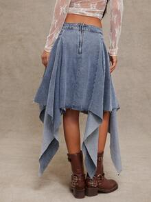WESTFADE Pleated Handkerchief Raw Hem Asymmetrical Denim Midi Skirt - Medium Wash - View 6
