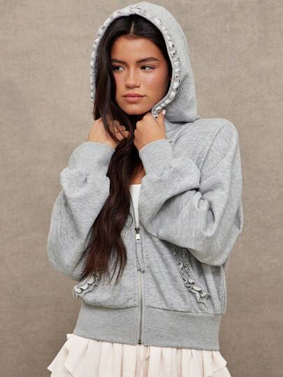 WESTFADE 法式毛圈布荷叶边拉链连帽衫