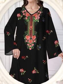 Al Najma 女士优雅印花阿拉伯风格 V 领长袖连衣裙 - 黑色 - 查看 4