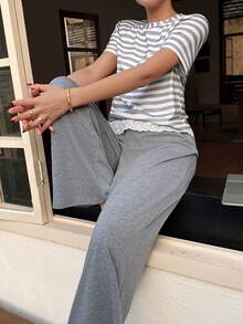 Dream Adore Women's Casual Striped Top With Lace Hem + Grey Pants Pajama Set - Multicolor - View 1