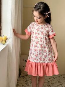 LMoss Kids 女童圆领短袖休闲可爱睡裙，撞色荷叶边袖口 - 彩色 - 查看 4