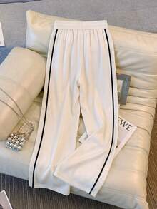 GlowEve Women's Casual Drawstring Waist Contrast Striped Side Loose Flowy Wide Leg Pants, Spring/Summer