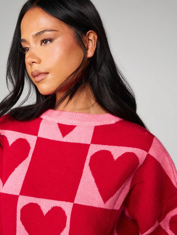 MISSGUIDED Jacquard Knitted Oversized Heart Pattern Valentine's Day Pullover Jumper Long Sleeve Crew Neck Holiday Sweater