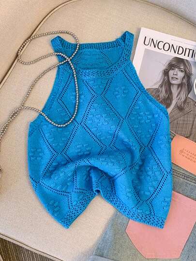 Resyla Women's Solid Color Crew Neck Sleeveless Diamond Hollow Knit Top