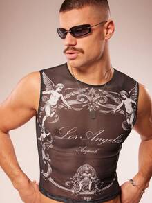 FeverCity Men's Fever City Angel Print Casual Fashion Tank Top Men Rave Top Men Mesh Crop Top Men Sexy Top Mens Graphic Cropped Top Los Angeles Mesh Top - Multicolor - View 8