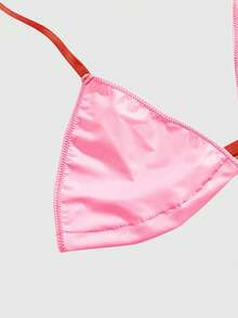 ROMWE Goth 暗黑哥特朋克粉色PU系带文胸、丁字裤和紧身迷你裙性感内衣套装 - 粉色 - 查看 4