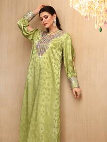 Al Najma Geometric Neckline Beaded Striped Lace-Up Floral Jacquard Green Dress Modest Full Length Jalabiya For Evening Party - Green - View 4