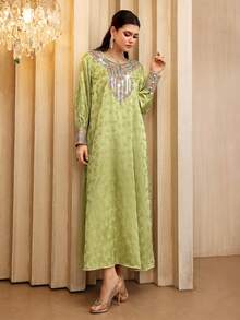 Al Najma Geometric Neckline Beaded Striped Lace-Up Floral Jacquard Green Dress Modest Full Length Jalabiya For Evening Party - Green - View 6