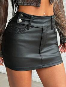 Jeanoix Women's Y2K Fashion Casual Wide Waist Faux Leather Coated Mini Skirt - Black - View 1