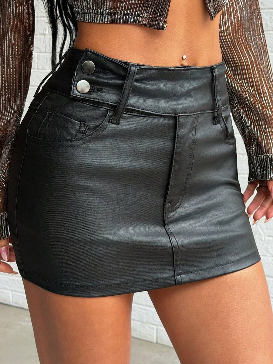 Jeanoix Women's Y2K Fashion Casual Wide Waist Faux Leather Coated Mini Skirt - Black - View 1