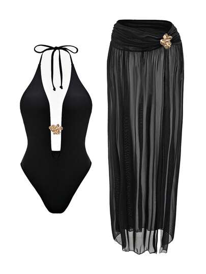 Bonvoyette 26SS Black Deep V One-Piece Swimsuit With Skirt, Elegant & Sophisticated For Beach Vacation, Spring/Summer,2026 New Women's Swimwear ArrivalFor School,Suitable For Holiday, Date, Afternoon Tea, Western, Cruise, Beach, Island, Road Trip, All Seasons, Music Festival, Boho Vacation,Bohemian Vacation, Chill Autumn ,Western Boho ,Elegant Tops For Women