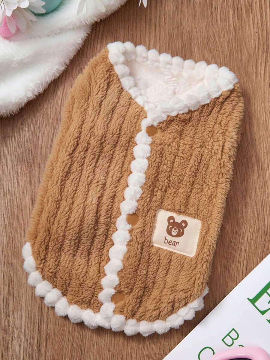 PETSIN 1pc Coffee Colored Vertical Plush Flower Border Pet Vest, Autumn And Winter Thick Warm And Cute Casual Pet Thick Clothes - coffee color - View 1