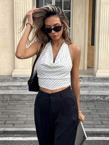 Siren Gaze 女士垂领条纹吊带背心，露背上衣，适合办公室/通勤穿着 - 白色 - 查看 3