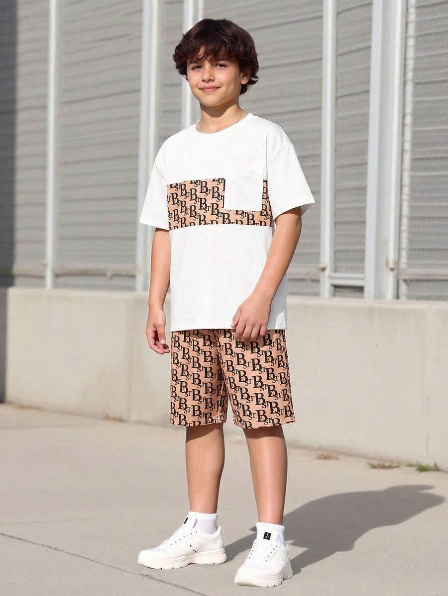 2 buc/set adolescent băiat litere imprimare guler rotund mânecă scurtă buzunar tricou și pantaloni scurți ținută casual - Gri - Vizualizare 1