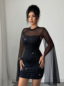 Elenzga 女士立领披肩式网纱闪亮夜店派对迷你连衣裙，修身连衣裙，适合约会、派对、生日、感恩节、音乐节、毕业典礼、假期、春夏穿着 - 黑色 - 查看 5