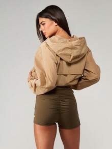 MISSGUIDED High Waisted Elastic Waistband Athletic Shorts With Side Pockets For Active Sports Running Gym Workout Training - Army Green - View 2