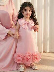 女婴夏季优雅派对宴会塔夫绸彼得潘领3D花卉装饰无袖宽松连衣裙 - 粉色 - 查看 3