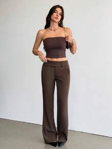 SHEIN Tall 女士时尚休闲复古口袋喇叭裤，复古风，商务休闲女装，外出穿搭，返校季，巧克力色喇叭裤，休闲裤，复古裤，夏季穿搭 - 棕色 - 查看 6