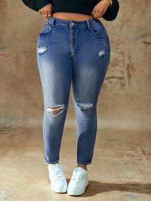 Truni Plus Size Women Casual Distressed Slim Fit Jeans, For Pear & Triangle Body Shape - Blue - View 5