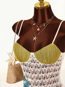 Amplova Romantic Vacation Low-Cut Sparkly Knit Starfish Pattern Semi-Sheer Cute Mini Dress For Women - Multicolor - View 5