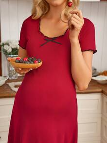 GentleRue Maternity Vestido corto ajustado con lazo para uso en el hogar para embarazadas - Rojo - Ver 4