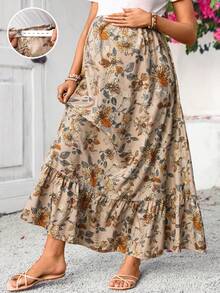 SHEIN Maternity Floral Print Elegant A-Line Skirt, Summer Holiday Outfits , Summer Outfits - Brown - View 7