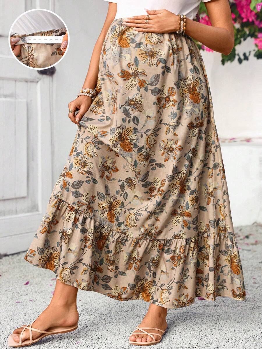 SHEIN Maternity Floral Print Elegant A-Line Skirt, Summer Holiday Outfits , Summer Outfits - Brown - View 1
