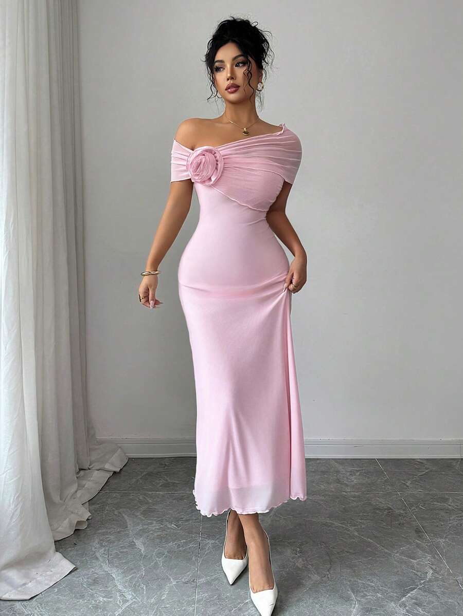 Modelyn Đầm nữ thanh lịch, tối giản, màu hồng lưới, trễ vai, họa tiết hoa, thích hợp cho các buổi hẹn hò và ngày lễ.