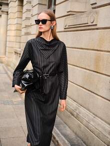 Lumivelle 女士条纹西装连衣裙，高端藏蓝色细条纹长袖收腰修身中长款连衣裙，适合办公室通勤，可拆卸腰带设计，百搭优雅造型（含腰带） - 黑色 - 查看 3