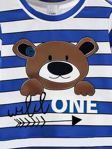 SHEIN 两件套幼儿男童T恤套装，圆领短袖上衣，蓝白条纹图案搭配卡通动物印花，配蓝色短裤，简约舒适，清新活泼，适合儿童日常穿着。 - 藍色 - 查看 5